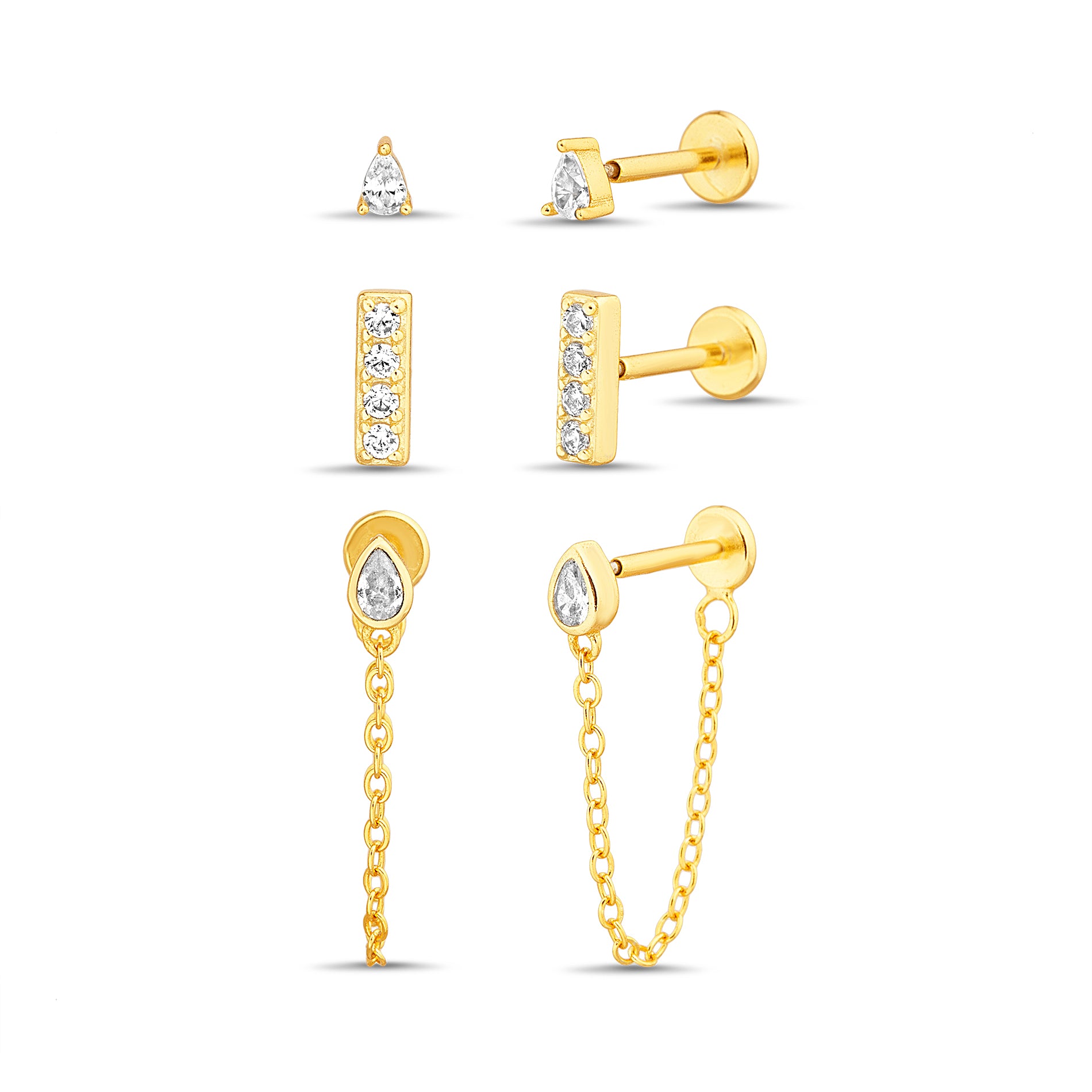 Dainty Bar & Pear Chain Earring Set